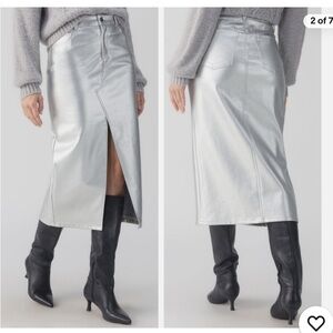 Sanctuary Metallic Silver Leather Like Midi Skirt with Front Slit